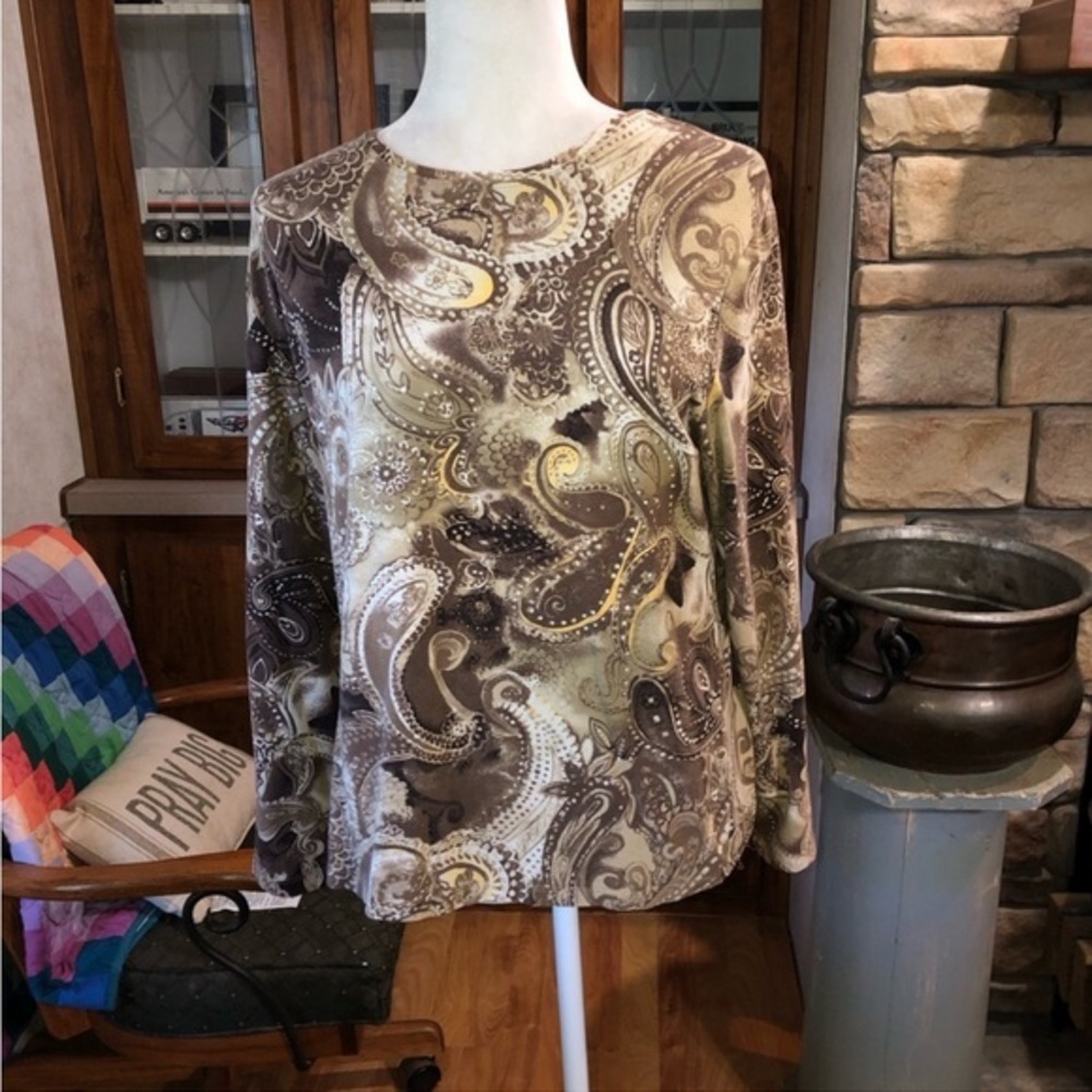 CHICOS SIZE 3 SIZE XLARGE SIZE 16 BROWN & TAN PAISLEY PATTERN LING SLEEVE BLOUSE